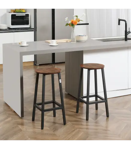 Juego de 2 Taburetes Altos de Cocina Altura 65 cm con Asiento de Melamina y Patas de Acero Marrón Rústico