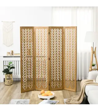 Separador de Ambientes Plegable de 4 Paneles 160x1,7x170 cm Biombo de Madera con Patrones Geométricos Natural