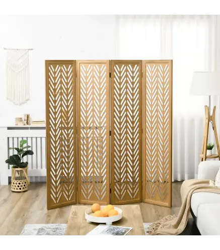 Separador de Ambientes Plegable de 4 Paneles 160x1,7x170 cm Biombo de Madera con Patrones Geométricos Natural
