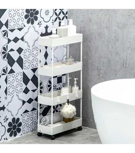 Carrito Organizador Carrito Auxiliar con 4 Cestas y 4 Ganchos Extraíbles para Cocina Baño Salón 40x19x90 cm Blanco