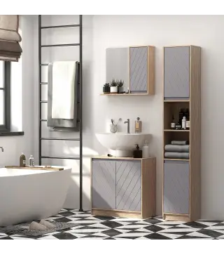 Mueble para Debajo del Lavabo Armario de Baño de Suelo con Puerta Doble y Estante Ajustable 60x30x59,8 cm Roble y Gris