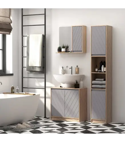 Mueble para Debajo del Lavabo Armario de Baño de Suelo con Puerta Doble y Estante Ajustable 60x30x59,8 cm Roble y Gris
