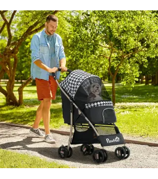 Carrito para Mascotas con 2 Puertas Ventana de Malla Cesta de Almacenamiento Cuerda de Seguridad 80x44,5x97 cm Negro