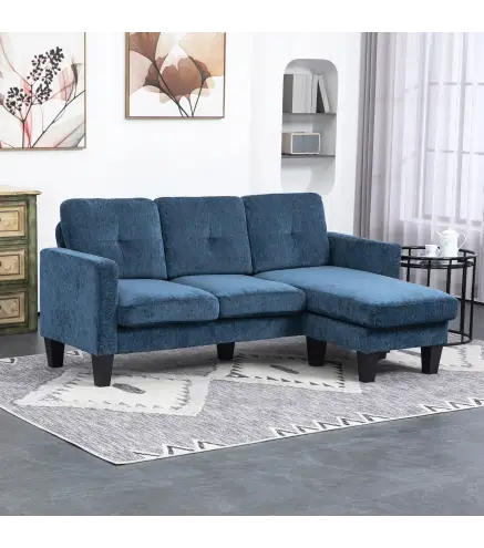 Sofá Esquinero en Forma de L Tapizado Poliéster Sofá Chaise Longue Reversible con 3 Cojines 186x130x84cm Azul