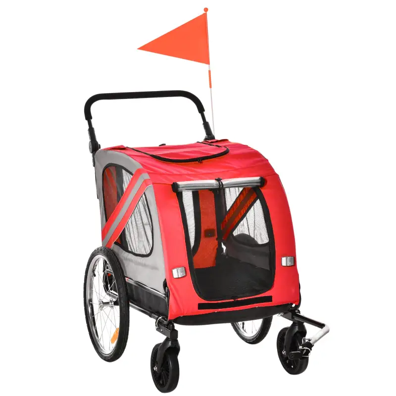 Remolque de Bicicleta para Perros 2 en 1 con Puertas Enrollables Cinturón de Seguridad Carga 30 kg 140x72,5x108 cm Rojo