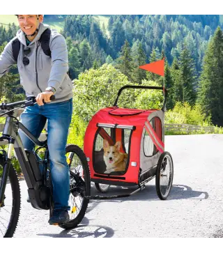 Remolque de Bicicleta para Perros 2 en 1 con Puertas Enrollables Cinturón de Seguridad Carga 30 kg 140x72,5x108 cm Rojo