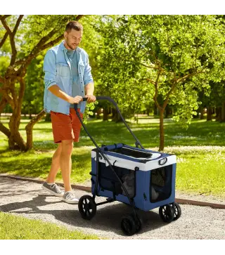 Cochecito para Perros Plegable con Vagón Desmontable 4 Puertas con Cremallera 2 Correas de Seguridad y Cojín Azul