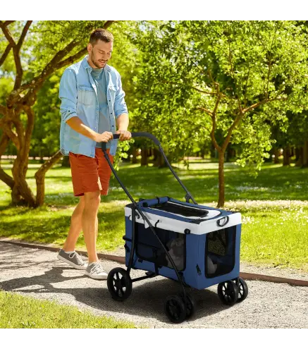 Cochecito para Perros Plegable con Vagón Desmontable 4 Puertas con Cremallera 2 Correas de Seguridad y Cojín Azul