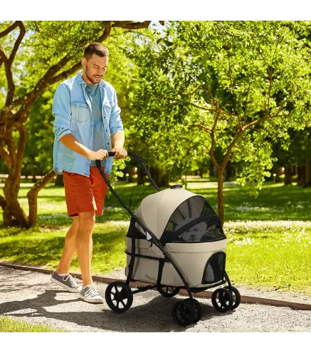 Carrito para Perros Plegable Cochecito para Mascotas con 2 Correas de Seguridad Cojín y Marco de Acero Caqui
