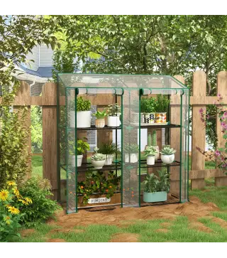 Invernadero de Jardín de 3 Niveles con Estantes Techo Inclinado y Puertas con Cremallera 143x46x141/151 cm Transparente