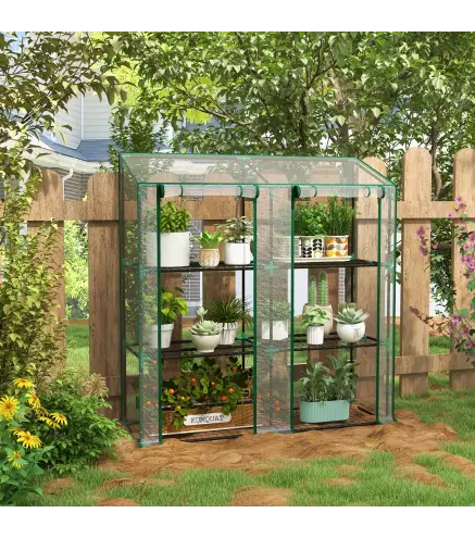 Invernadero de Jardín de 3 Niveles con Estantes Techo Inclinado y Puertas con Cremallera 143x46x141/151 cm Transparente