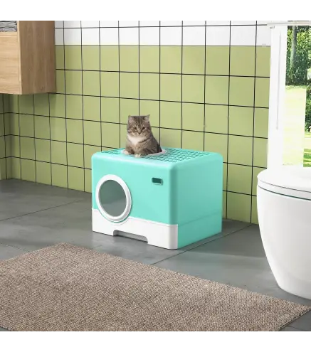 Arenero para Gatos con Pala Bandeja Extraíble 2 Puertas Entrada Principal y Salida Superior 52x41x38,5 cm Verde