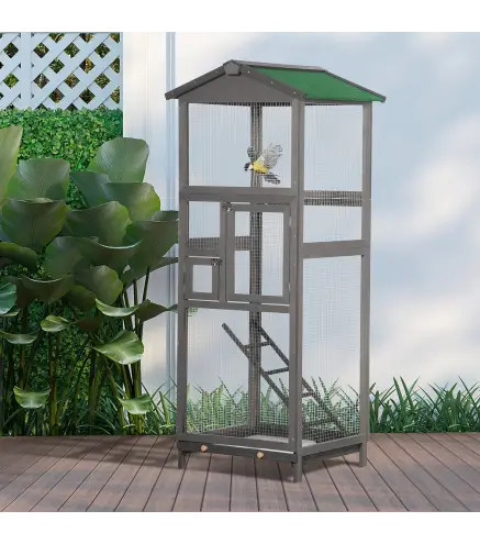 Jaula para Pájaros Grande de Madera de Abeto con 2 Puertas Bandeja Extraíble y Techo Asfáltico 68x63x165cm Gris