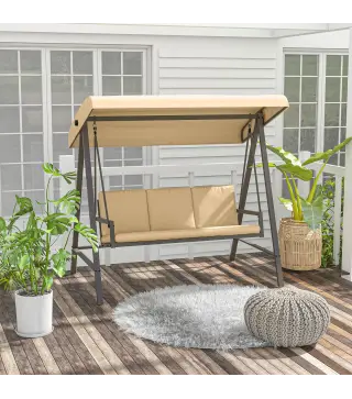 Balancín de Jardín de 3 Plazas Columpio Exterior Jardín con Toldo Ajustable Cojines Extraíbles 200x125x175 cm Beige