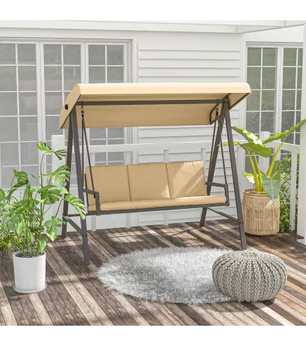 Balancín de Jardín de 3 Plazas Columpio Exterior Jardín con Toldo Ajustable Cojines Extraíbles 200x125x175 cm Beige