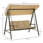Balancín de Jardín de 3 Plazas Columpio Exterior Jardín con Toldo Ajustable Cojines Extraíbles 200x125x175 cm Beige