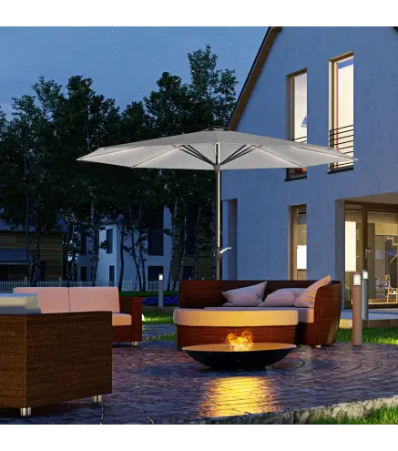 Sombrilla de Jardín con Luces LED Solares Ø265x240 cm con Manivela Manual para Terraza Piscina Patio Gris Claro