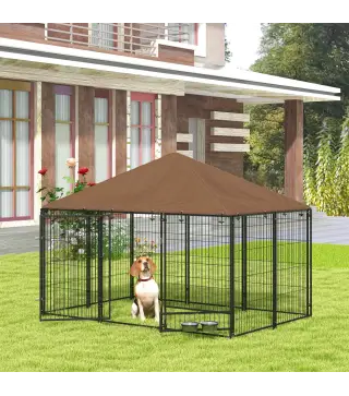 Perrera con Toldo y Soporte Giratorio para Comida 2 Cuencos Incluidos 211x141x151 cm Negro