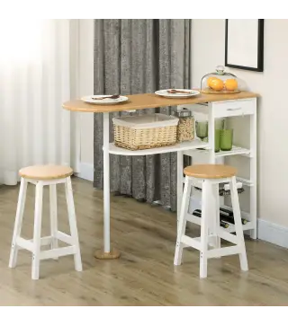 Set de Mesa de Bar de 119x38,5x88,5 cm con Cesta Extraíble y Botellero y 2 Taburetes de 29x29x55 cm Blanco