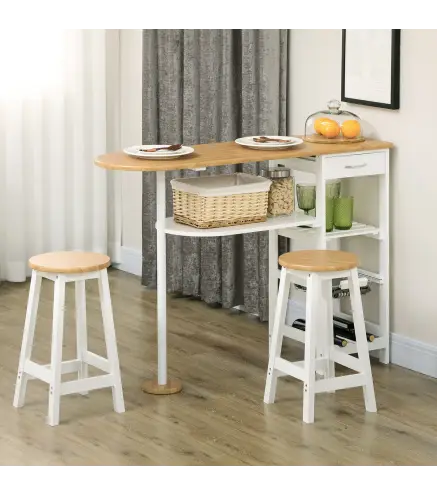 Set de Mesa de Bar de 119x38,5x88,5 cm con Cesta Extraíble y Botellero y 2 Taburetes de 29x29x55 cm Blanco