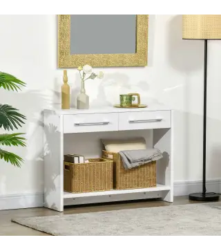 Mueble Recibidor de Entrada Mesa Consola con 2 Cajones y Estante para Pasillo Salón 101,6x28x76,2 cm Blanco