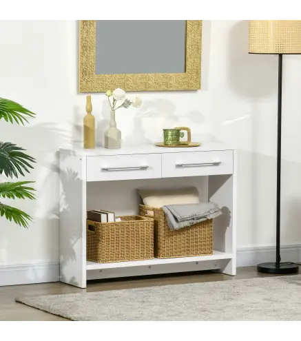 Mueble Recibidor de Entrada Mesa Consola con 2 Cajones y Estante para Pasillo Salón 101,6x28x76,2 cm Blanco