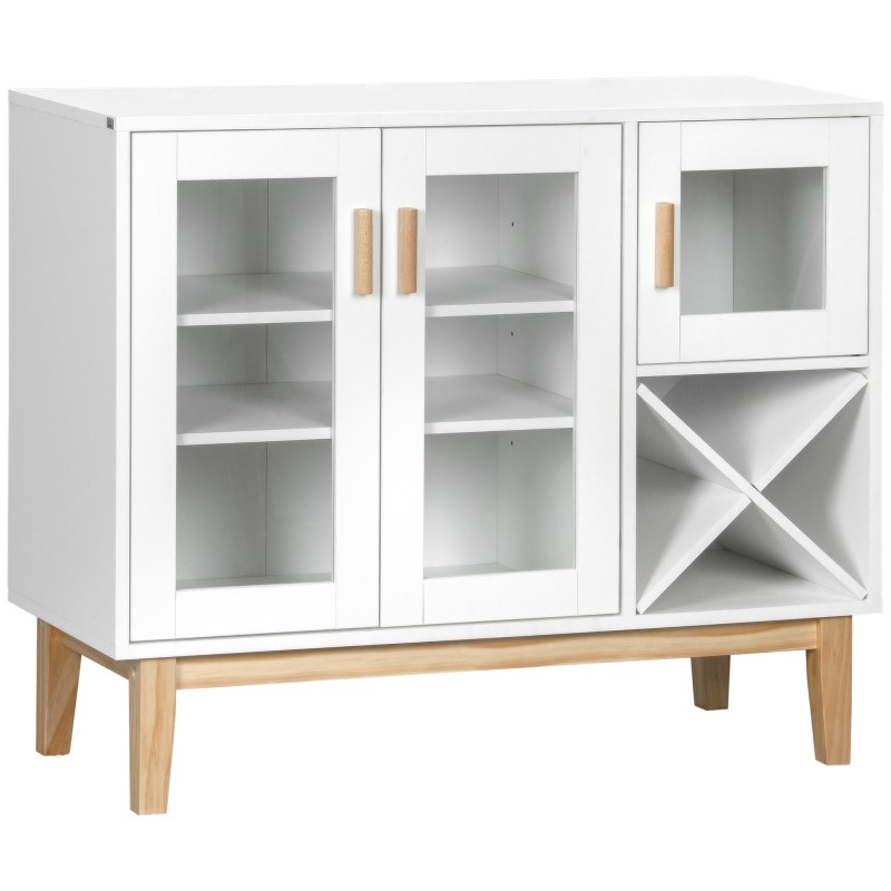 Aparador de Cocina con 3 Puertas de Vidrio y Botellero en Forma X para 4 Botellas 90x37x75 cm Blanco