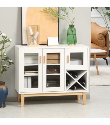 Aparador de Cocina con 3 Puertas de Vidrio y Botellero en Forma X para 4 Botellas 90x37x75 cm Blanco