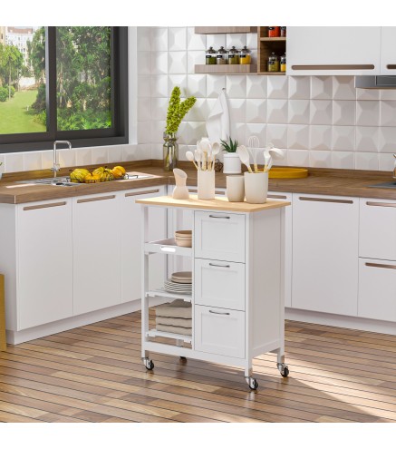 Carro de Cocina con Ruedas Carrito de Servicio con Cajones Estantes y Bandeja Extraíble 67x37x87 cm Blanco
