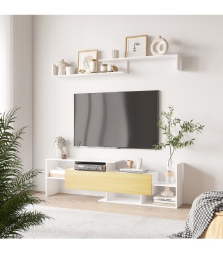 Mueble de Salón para TV Conjunto Muebles de TV 153,6x25x42cm y Estante de Pared 150x14,5x16,3cm Blanco y Natural