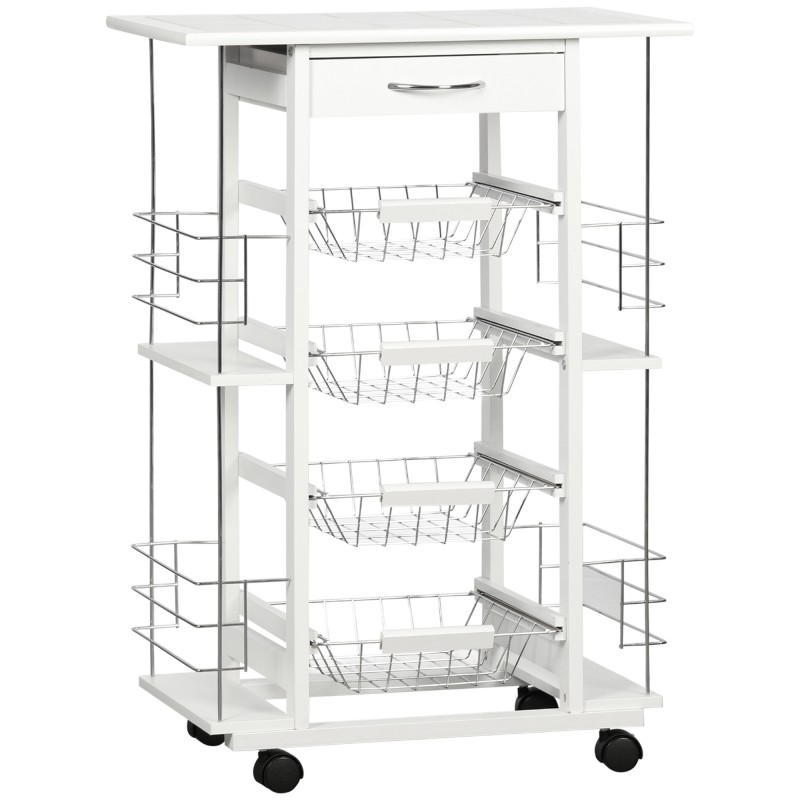 Carrito de Cocina con Ruedas Carrito Verdulero con Cajón Cestas y Estantes Laterales 57x37x83cm Blanco