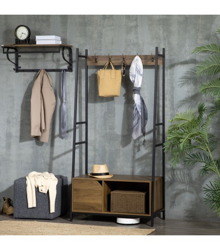Perchero con Zapatero y Banco Mueble Recibidor con 5 Ganchos para Pasillo Entrada 84x40x169 cm Marrón Rústico