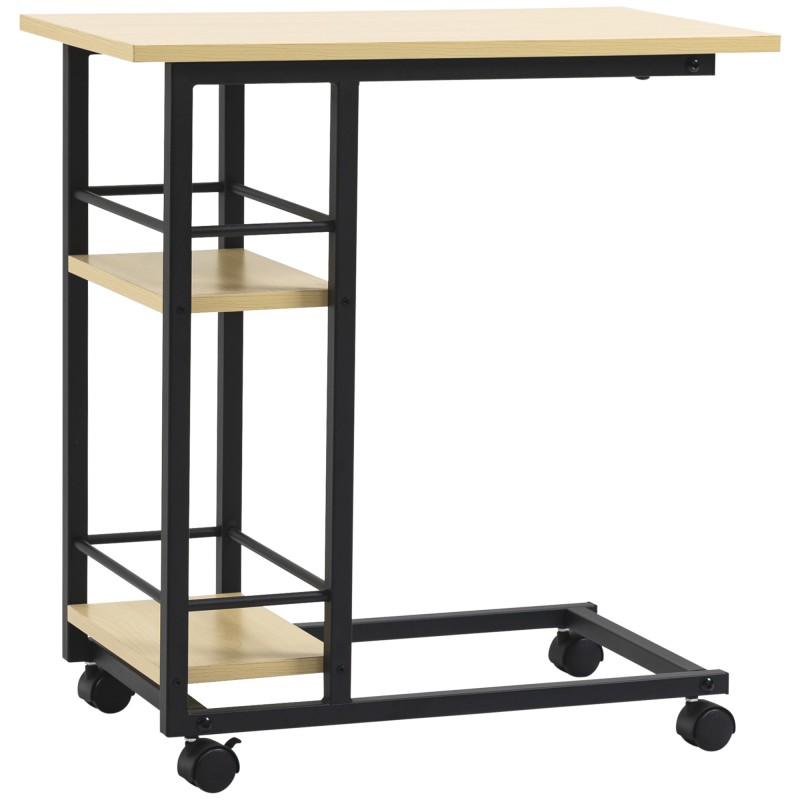 Mesa Auxiliar con Ruedas Mesa Lateral en Forma de C con 2 Estantes Estilo Moderno 60x34,5x64,5 cm Natural