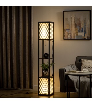 Lámpara de Pie de Madera con Estantes e Interruptor de Cadena para Salón Dormitorio 26x26x156 cm Negro y Blanco
