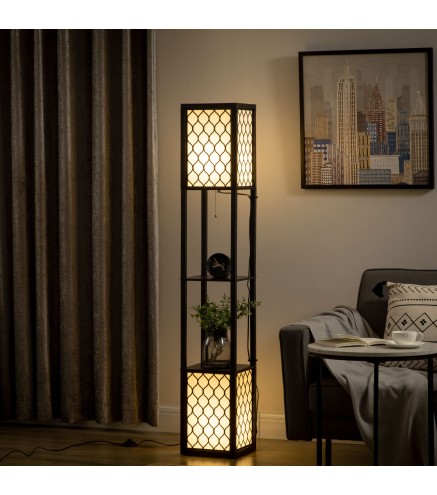 Lámpara de Pie de Madera con Estantes e Interruptor de Cadena para Salón Dormitorio 26x26x156 cm Negro y Blanco
