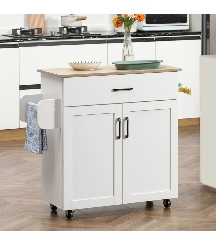 Carro de Cocina con 1 Cajón 2 Puertas Barra de Colgar y Especiero Carrito Auxiliar con Ruedas 105x36x85 cm Blanco