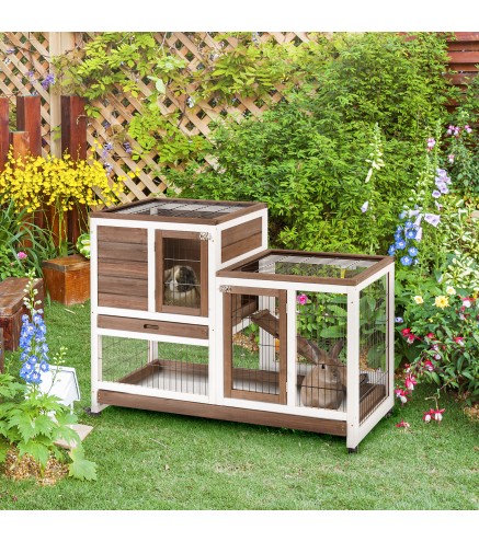 Conejera de Madera con Ruedas para Interior Jaula de 2 Pisos con Rampa y 2 Bandejas Extraíbles 110x50x88cm Marrón