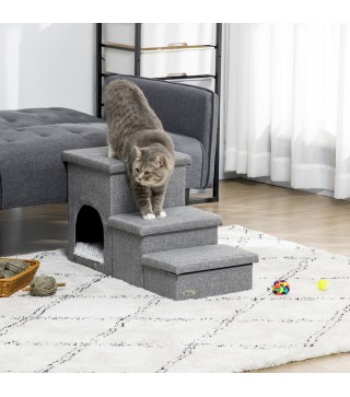Escalera para Mascotas de 3 Peldanos 2 Cajas de Almacenaje Cueva y Cojin para Cama Sofa 73,5x33x40,5 cm Gris