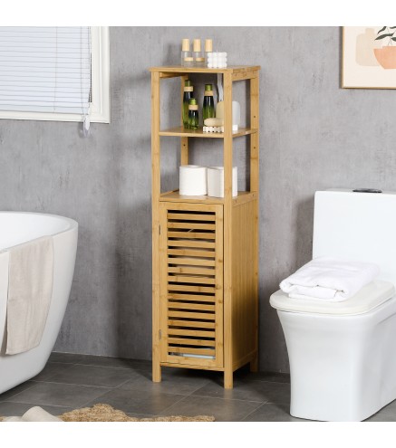 Armario Auxiliar de Baño de Bambú Estantería de Baño con 2 Estantes Abiertos y Puerta de Rejilla 32,9x29,9x120cm Natural