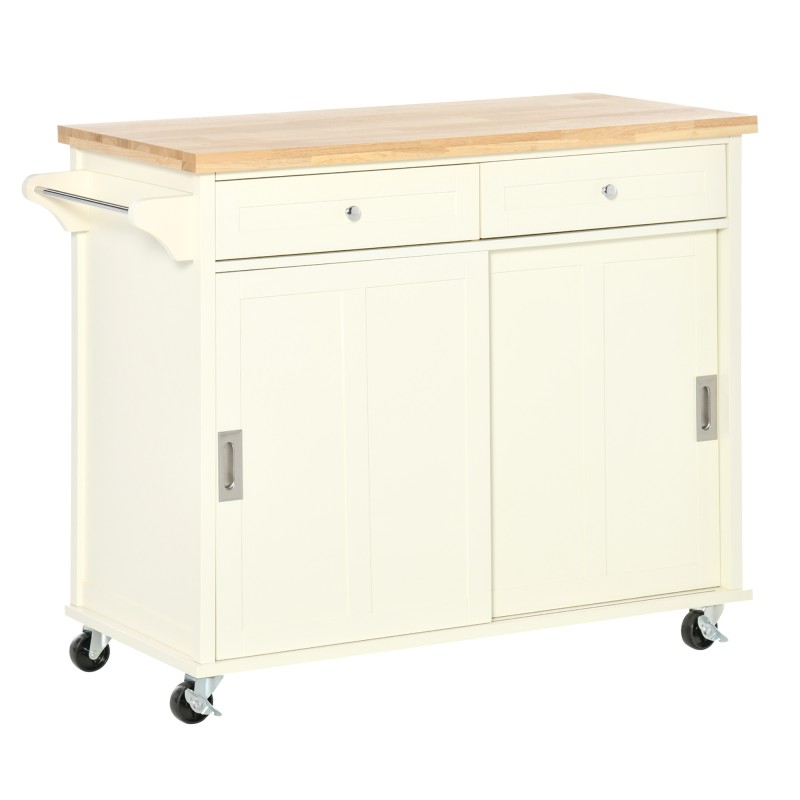 Carrito de Cocina Multifuncional con Ruedas 2 Puertas Correderas 2 Cajones y Barra de Colgar 110x49,5x89,5 cm Crema