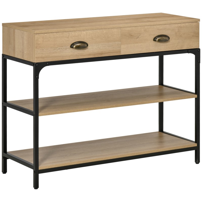 Mesa de Entrada con 2 Cajones y 2 Estantes de Almacenamiento Marco de Acero 100x35x79,2 cm Roble