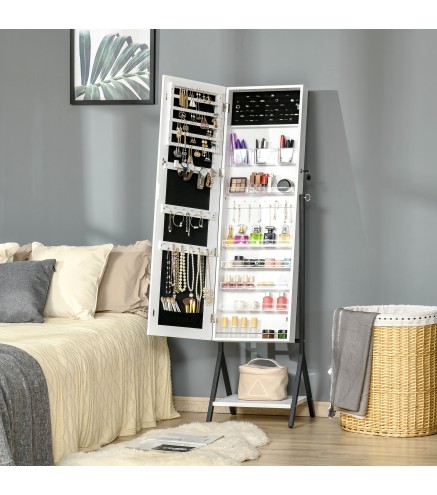 Espejo Joyero de Pie Cuerpo Entero Ajustable en Ángulo Armario de Joyería con Estante Inferior Cerradura Magnética Ranuras y Caj