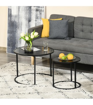 Juego de 2 Mesas Auxiliares Redondas Apilables Mesas Nidos con Encimera en Efecto de Mármol Ø60x46 cm y Ø40x40 cm Negro