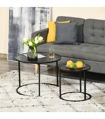 Juego de 2 Mesas Auxiliares Redondas Apilables Mesas Nidos con Encimera en Efecto de Mármol Ø60x46 cm y Ø40x40 cm Negro