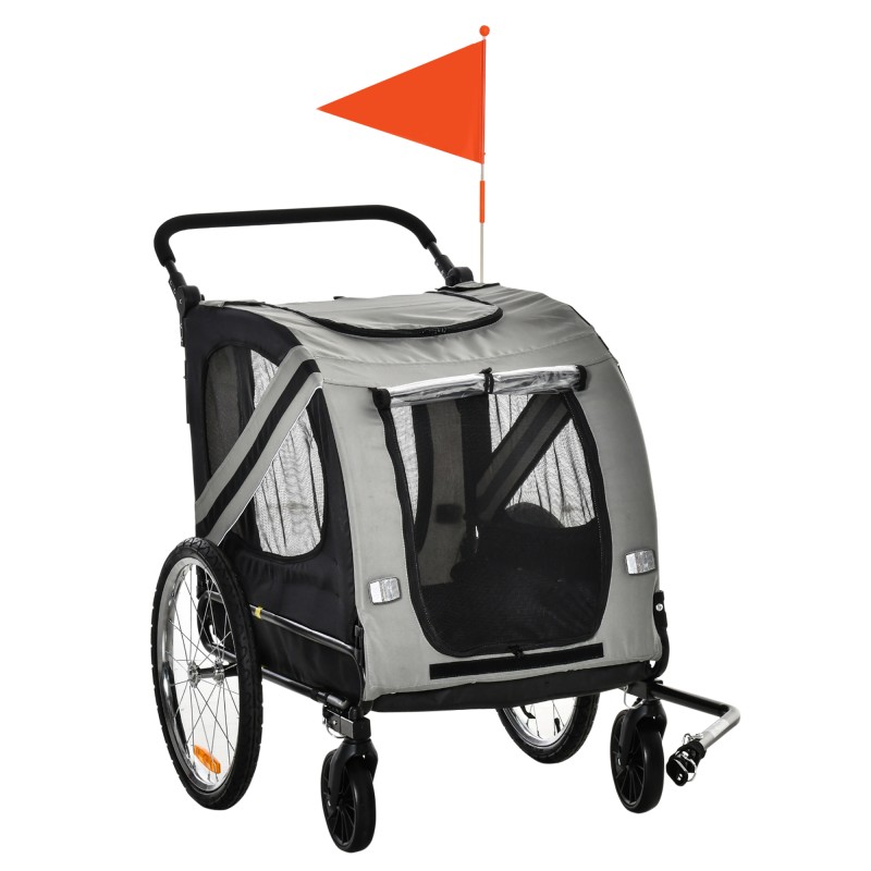 Remolque de Bicicleta para Perros 2 en 1 con Puertas Enrollables Cinturón de Seguridad Carga 30 kg 140x72,5x108 cm Gris