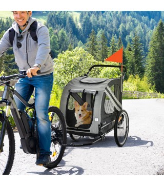 Remolque de Bicicleta para Perros 2 en 1 con Puertas Enrollables Cinturón de Seguridad Carga 30 kg 140x72,5x108 cm Gris