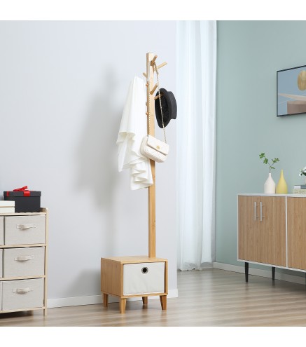 Perchero de Pie de Bambú Perchero con Banco Tipo de Árbol Cajón de Tela y 8 Ganchos para Colgar Ropa 35x35x177cm Natural