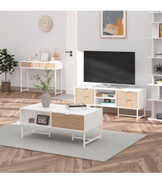 Mesa de Consola Estrecha con 2 Cajones Diseño de Líneas Talladas Estilo Moderna Blanco y Roble