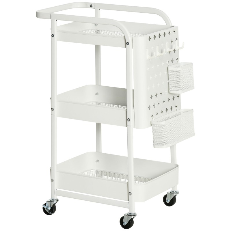 Carrito Auxiliar con Ruedas Carro de Almacenaje Multifuncional con 4 Ganchos y 2 Cestas Colgantes 51,5x32x75,6 cm Blanco