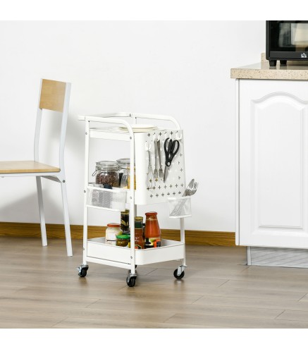 Carrito Auxiliar con Ruedas Carro de Almacenaje Multifuncional con 4 Ganchos y 2 Cestas Colgantes 51,5x32x75,6 cm Blanco